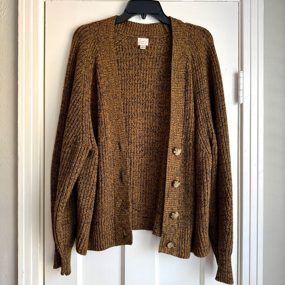 Chunky Marled Knit Button Cardigan – Olive Brown Cozy Layer – A New Day Size L